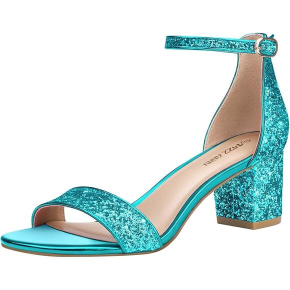 Pizz Annu Womens 6 Blue Glitter Sparkle Open Toe 2" Block Heel Ankle Strap Shoes - Picture 1 of 6